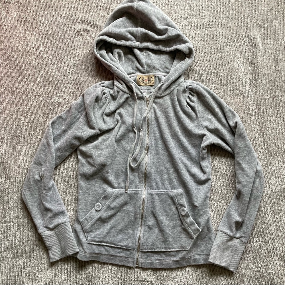 Vintage Y2K Juicy Couture Velour Hoodie Medium Ruched Shoulders Button Pockets
